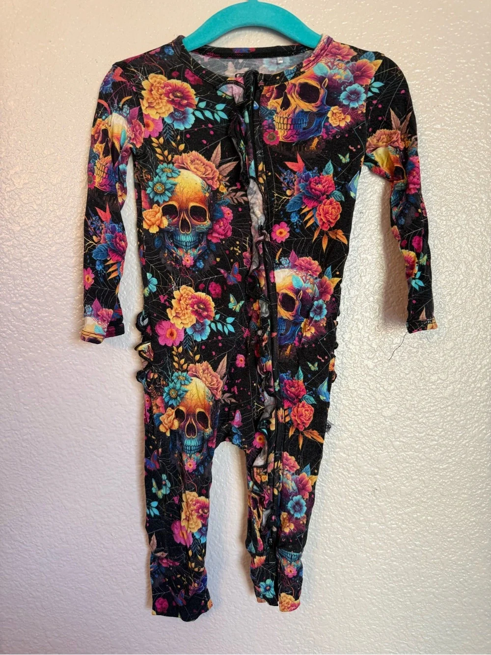 Kids Black Floral Skull Footie One-Piece